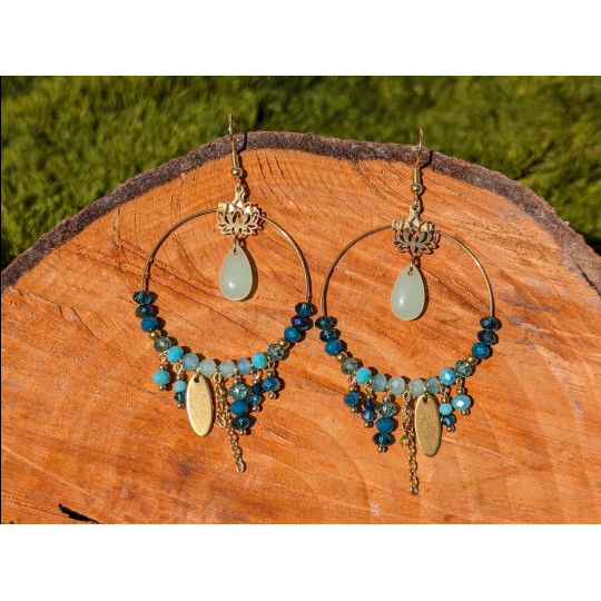 Boucles d'oreilles BOHEMIA by CREAREVE "lotus d'été" version bleu/vert