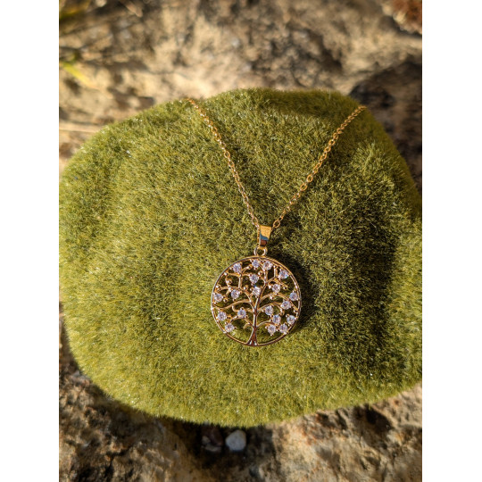 Collier "Arbre de vie éclat de zirconium blanc" en acier inoxydable